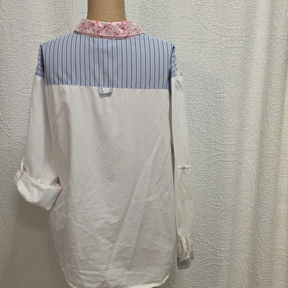 Colorful Patchwork Button-Up Shirt Blue White Pink Handkerchief Grandma Cottage - Picture 9 of 15